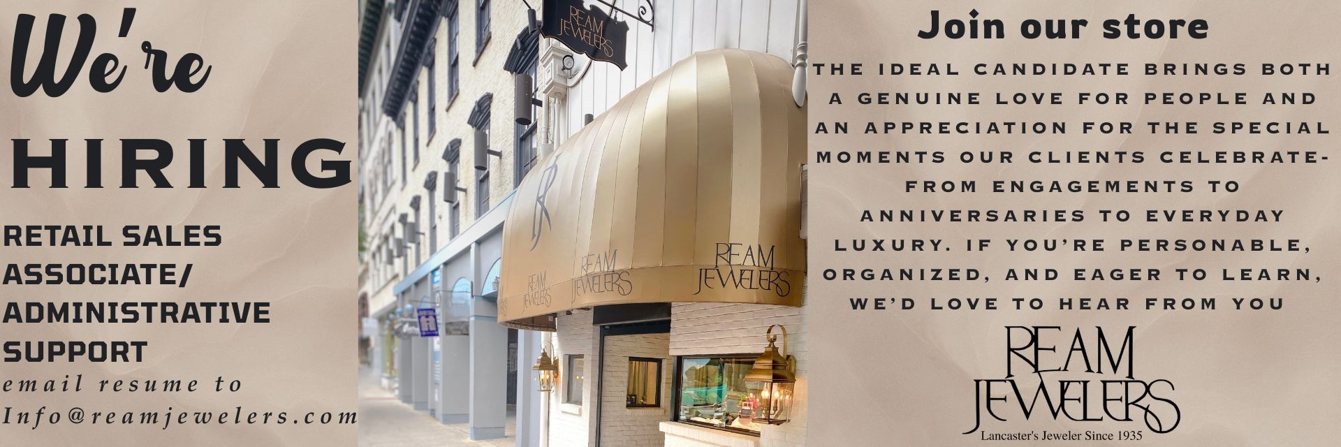 Job Hiring Banner Banner featuring storefront, Ream Jewelers is hiring!